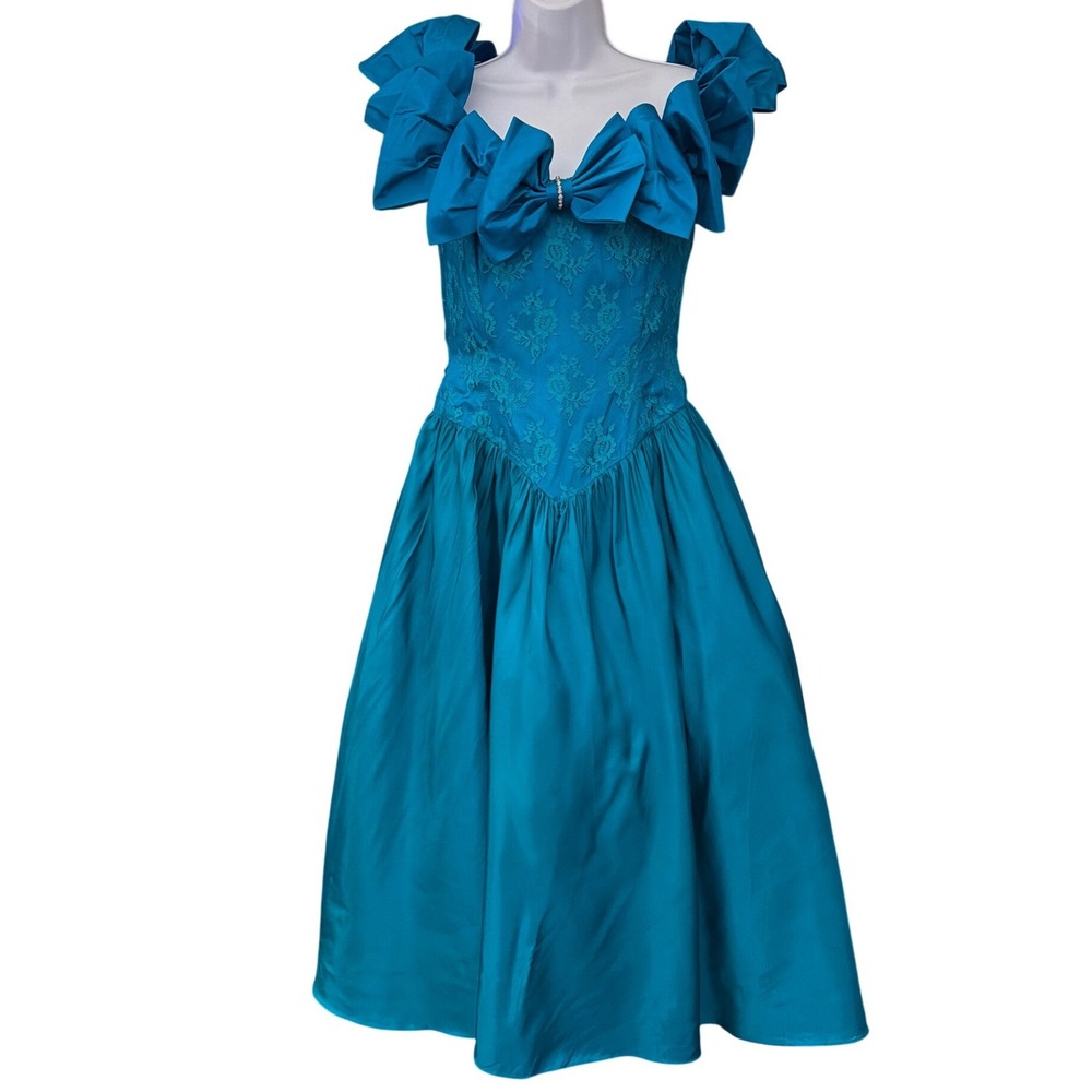 Vintage Steppin Out Teal Blue Prom Dress 80s Glam Ruffle Lace Party 9/10
